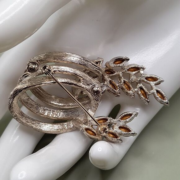 Vintage B.S.K. Brooch Gray Rhinestones, Silver Tone, 2 1/2 Inch - Picture 7 of 13